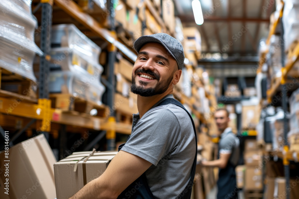 Workers working at warehouse surrounded by boxes and shelves Workers working at warehouse surrounded by boxes and shelves