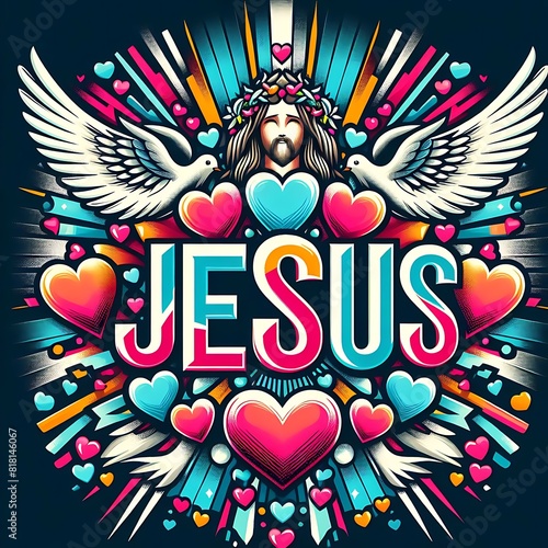 A colorful art of a jesus christ with hearts and birds lively meaning color.