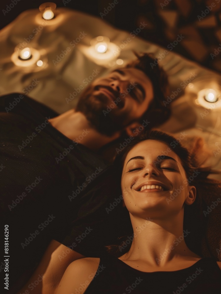A man and a woman are laying on a bed with candles around them. The man is smiling and the woman is smiling as well. Scene is romantic and intimate