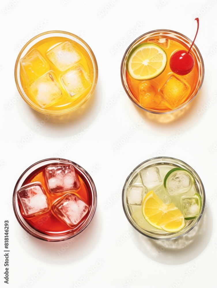 Four different colored drinks with ice cubes in them. One of the drinks has a cherry on top Four different colored drinks with ice cubes in them. One of the drinks has a cherry on top