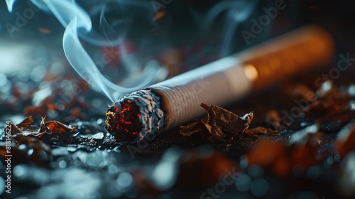 A cigarette is lit and smoking, with the smoke billowing out of the end. Concept of danger and harm, as smoking is known to cause numerous health problems