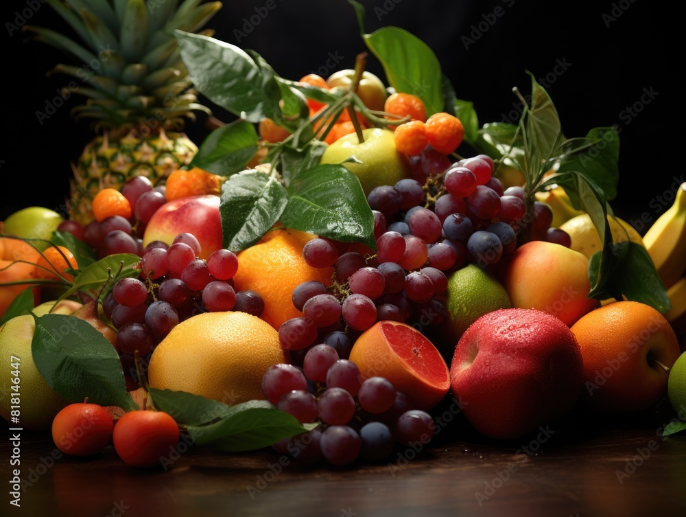 A pile of fruit including apples, oranges, and grapes. The fruit is fresh and colorful, and it looks like it's been left out to dry A pile of fruit including apples, oranges, and grapes. The fruit is fresh and colorful, and it looks like it's been left out to dry