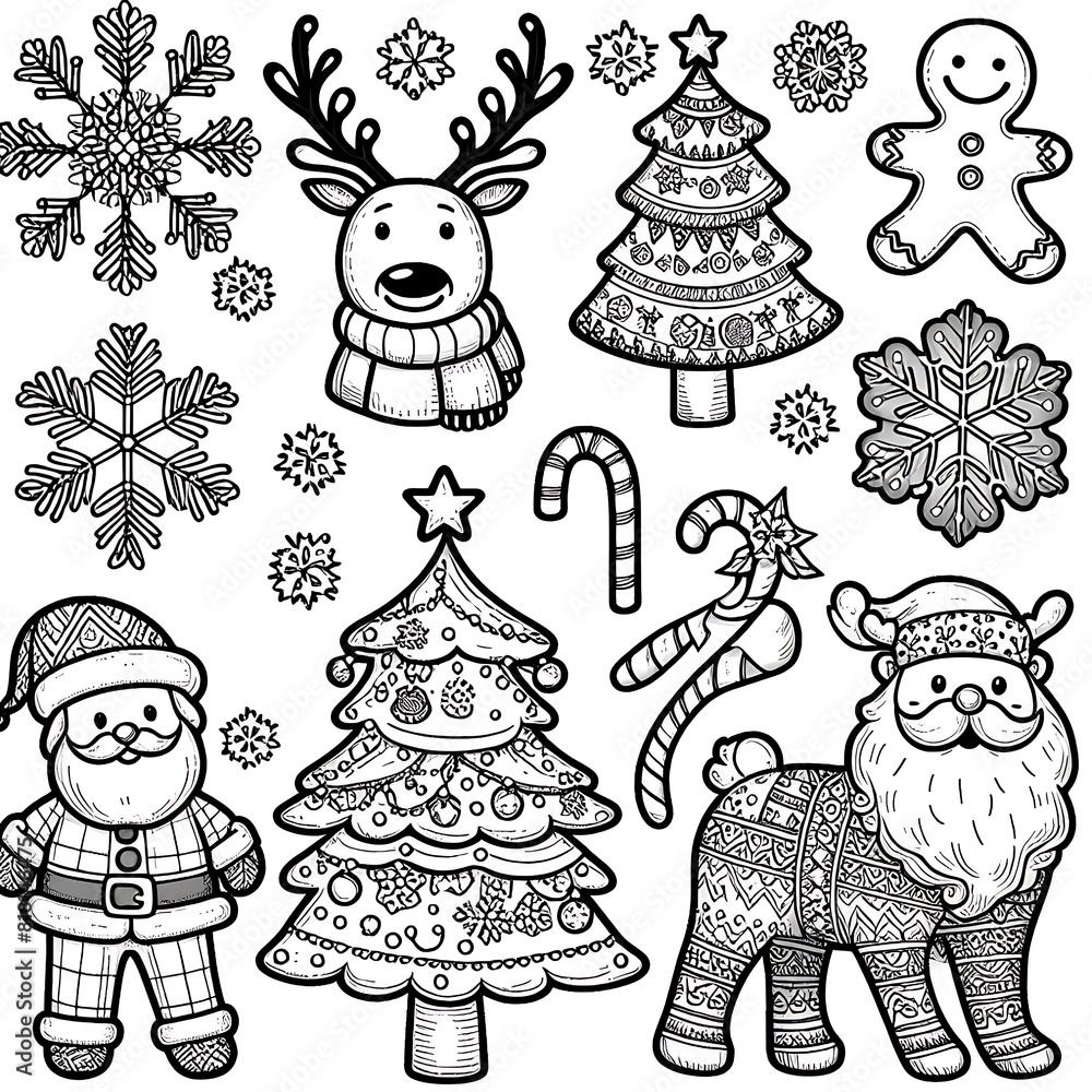 A unicorn coloring pages black and white drawing includes image of various christmas objects art realistic meaning used for printing