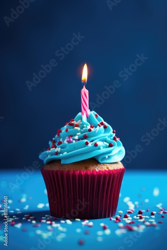 A blue cupcake with a lit candle on top. The candle is pink and red. The cupcake is decorated with sprinkles