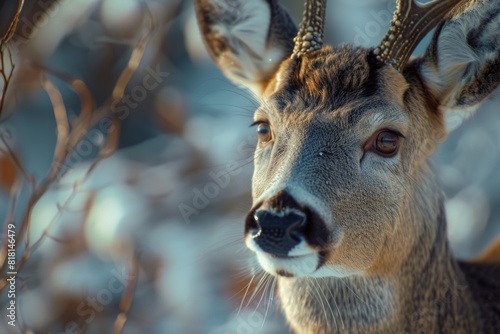 A deer with brown fur and white markings on its face is staring at the camera. The image has a peaceful and serene mood, as the deer appears to be calmly looking at the viewer