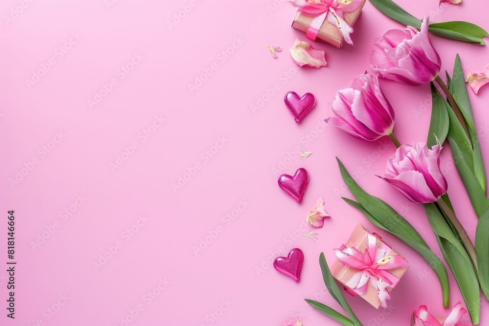 Fototapeta premium Pink flowers and pink boxes with hearts on them