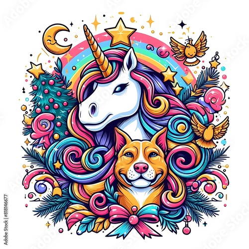 A unicorn and dog with colorful hair realistic lively attractive used for printing has illustrative.