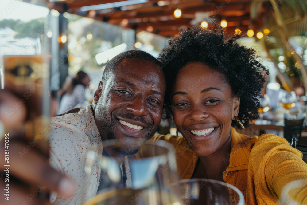 Black couple enjoying a restaurant date, snapping a selfie on the terrace. The boyfriend and girlfriend savoring the spring ambiance during their outdoor lunch. Black couple enjoying a restaurant date, snapping a selfie on the terrace. The boyfriend and girlfriend savoring the spring ambiance during their outdoor lunch.