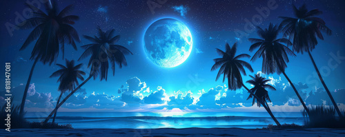 Clipart of several palm tree silhouettes lining a beach  with a luminous moon rising in the background3
