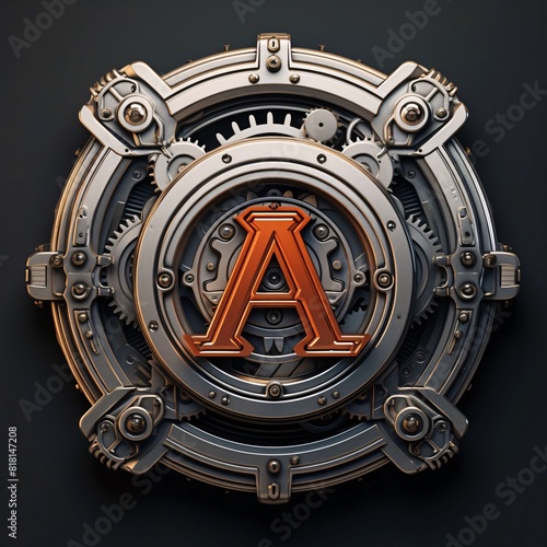 3d rendering of letter A in gear mechanism on dark background.