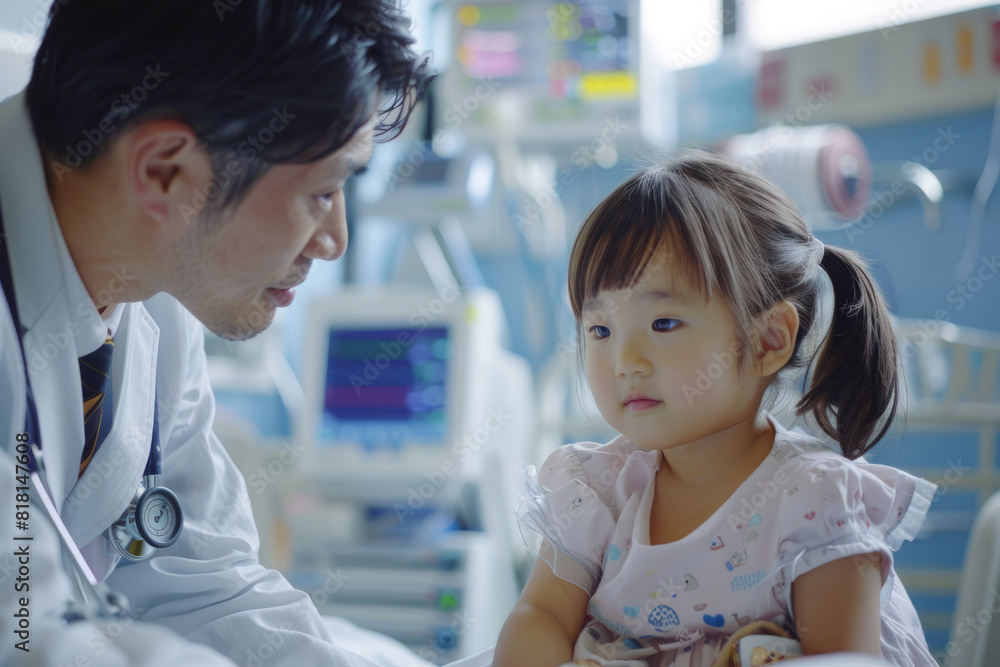 Japanese male physician looking after a little girl in a hospital ward. Showcasing attentive healthcare for children. Japanese male physician looking after a little girl in a hospital ward. Showcasing attentive healthcare for children.