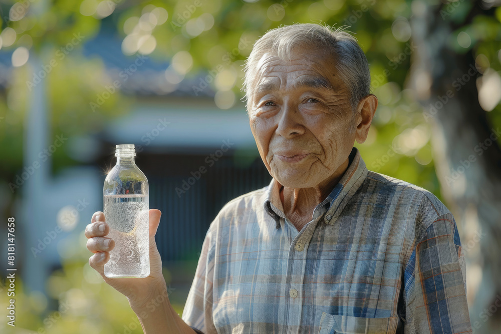 Japanese senior man ensuring proper hydration to support his diabetes management efforts. Stressing the importance of drinking water for diabetes control. Japanese senior man ensuring proper hydration to support his diabetes management efforts. Stressing the importance of drinking water for diabetes control.