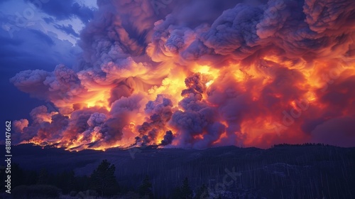 A raging wildfire creating massive pyrocumulus clouds overhead. photo