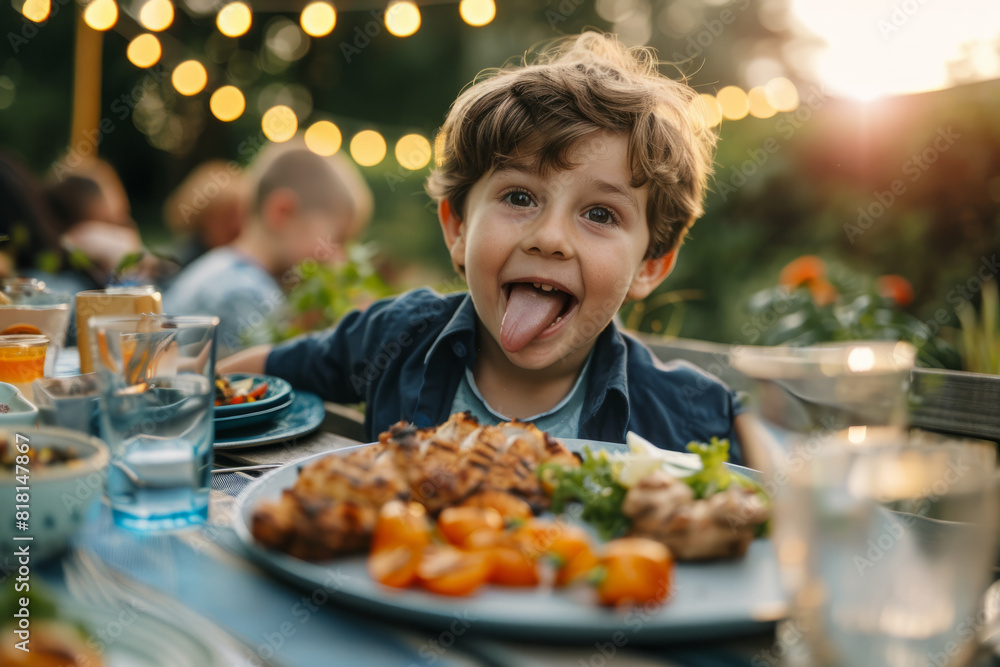Playful young boy seated at a table, enjoying grilled food outdoors at a family garden party, sticking out tongue. Boy at family garden gathering. Playful young boy seated at a table, enjoying grilled food outdoors at a family garden party, sticking out tongue. Boy at family garden gathering.