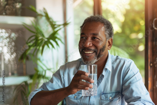 Mature African American man staying hydrated to effectively manage his diabetes condition. Emphasizing the importance of water intake for diabetes management.