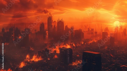 Capture a dystopian cityscape engulfed in the fiery glow of a raging wildfire