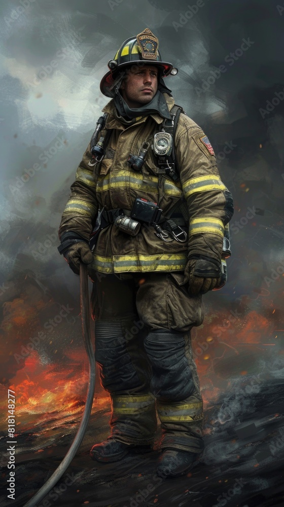 Fototapeta premium Firefighters are wearing full gear and standing in front of a fire