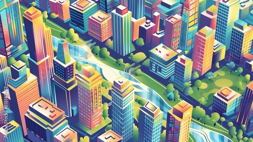 Capture an aerial view of a bustling cityscape teeming with vivid skyscrapers