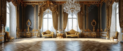 Opulent interior of a grand palace room with golden drapes, ornate furniture, and a large crystal chandelier, reflecting lavish lifestyle. photo