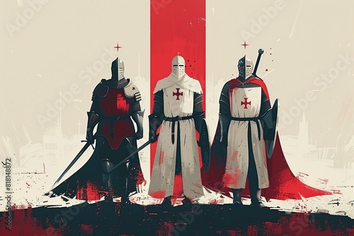 A minimalist illustration of Templar knights, utilizing clean lines and sparse details to portray the essence of their order and chivalry, capturing the iconic imagery of knights in armor
