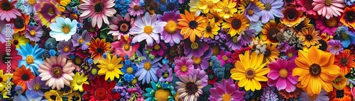 Craft a stunning birds-eye view illustration of a vibrant field of 53 different allergenic flowers, each uniquely detailed with vivid colors and intricate patterns photo