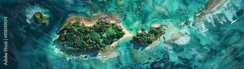 Design a digital artwork of an abstract aerial view of a tropical island chain