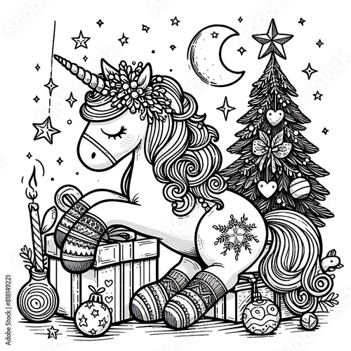 A unicorn coloring pages black and white drawing includes drawing of a unicorn with a gift box and a tree art image lively image.