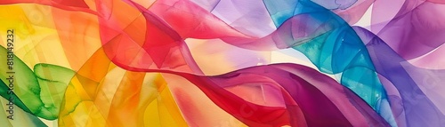 Craft a detailed close-up traditional watercolor painting depicting a vibrant rainbow ribbon delicately intertwining with the diverse fabric of society photo