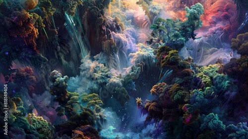 Transform a chaotic symphony of swirling colors and textures into a breathtaking aerial view of a mystical forest photo