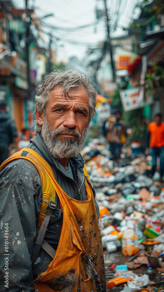 A man in a yellow vest stands in front of a pile of trash