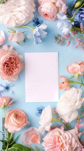 lifestyle product shot for a 5x7 Valentines day themed greeting card Setting Create a romantic flowery backdrop spread including baby blue