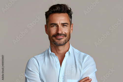 Handsome professional man in his 30s wearing shirt, on a beige background in a studio with wrinkles and causal hair, smiling and looking happy, businessman, business, meeting, causal photo