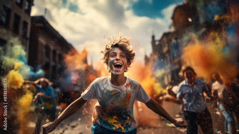 Happy Teenager Jumping with Colorful Ink Splatter in Vibrant Street Festival