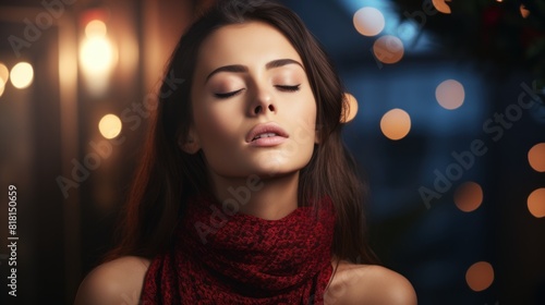 Woman in Red Scarf Relaxing During Winter Evening with Bokeh Lights