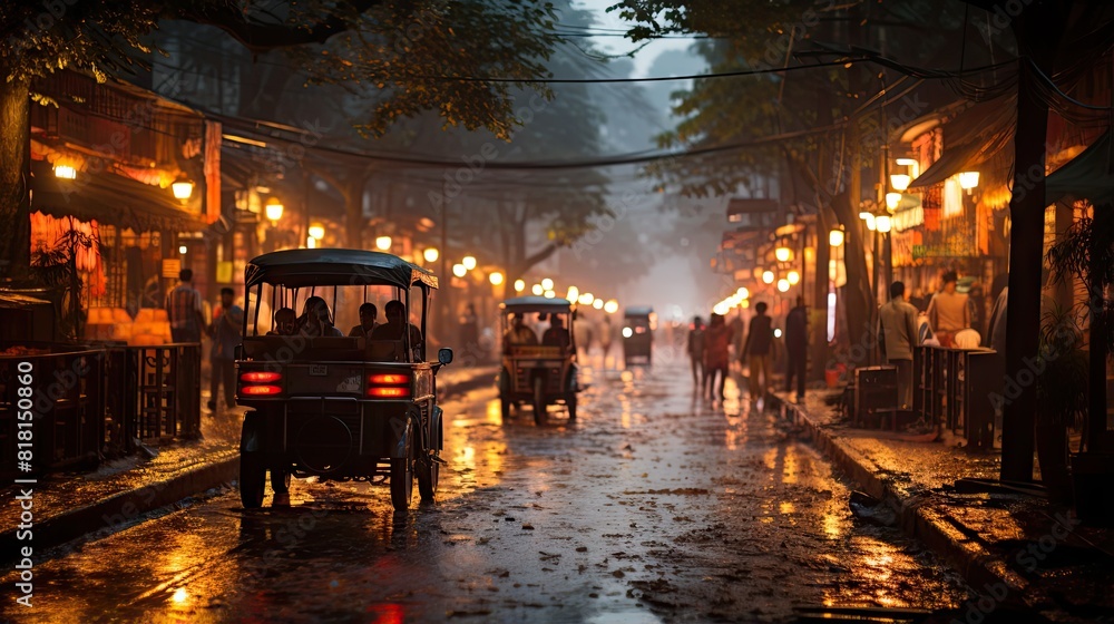 Rainy Evening in Kolkata: Illuminated Street with Hand-Pulled Rickshaws and Market Stalls