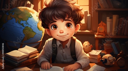 Happy Boy Studying with Books and Globe in Cozy Classroom Setting