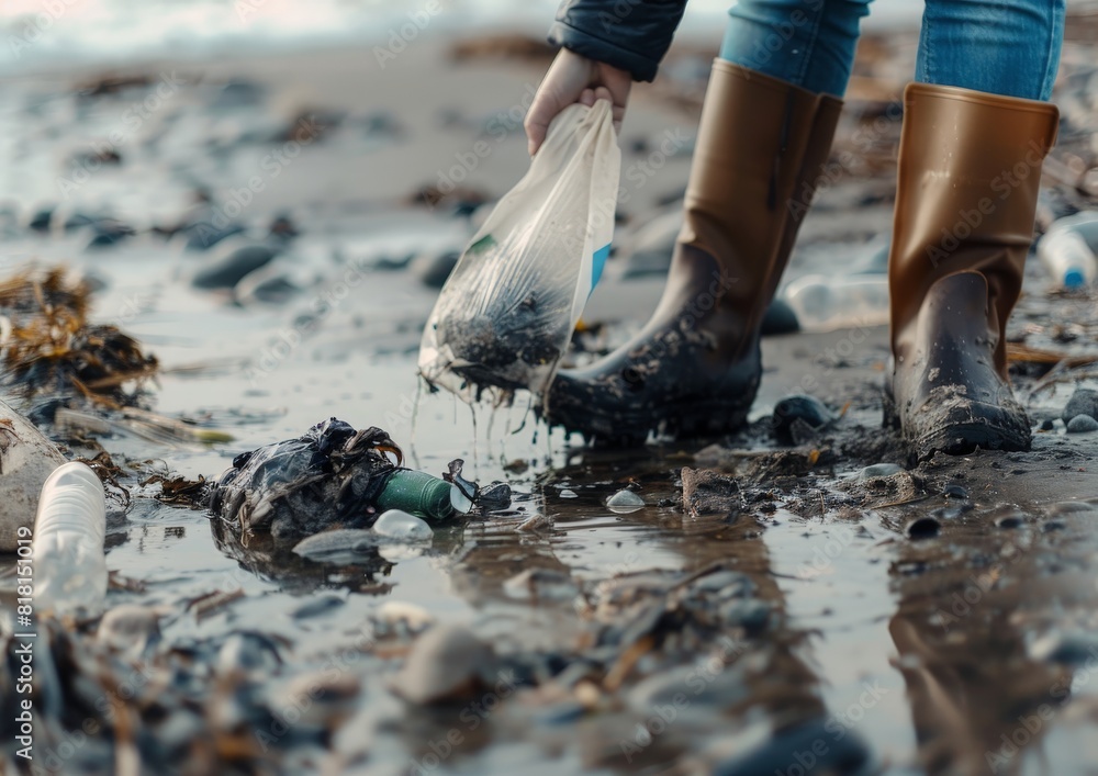 Obraz premium A person is picking up trash on the beach