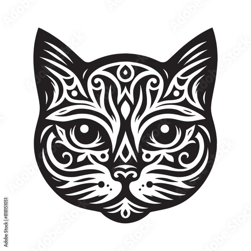 cat with a tattoo, cat face silhouette, tribal tattoo vector abstract black and white background