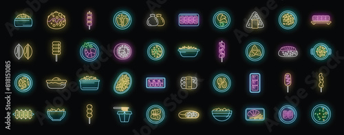 Korean cuisine icons set outline vector. Hot bowl. Asian box neon color on black