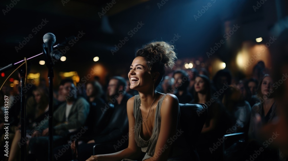 Young Woman Smiling and Enjoying a Live Performance in a Comedy Club