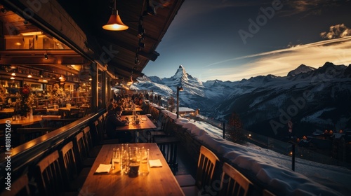 Outdoor Restaurant in Zermatt  Switzerland with Majestic Matterhorn Mountain View at Sunset