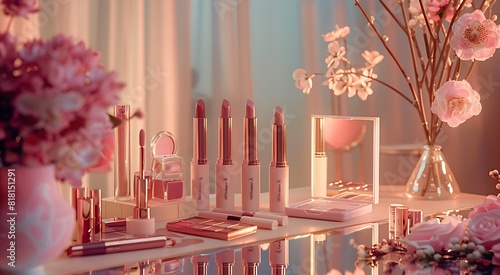  Luxurious Display of Makeup Products with Lipsticks and Eyeshadow Palettes on an Elegant Table, Soft Lighting and Warm Gradient Background for Valentine's Day Atmosphere
