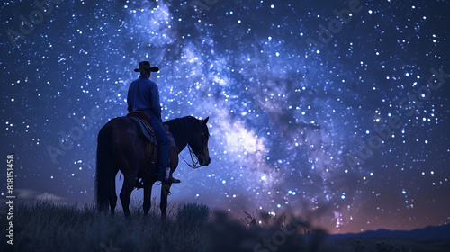A cowboy and horse silhouetted against a starry night sky selective focus, solitude, surreal, composite, desert landscape