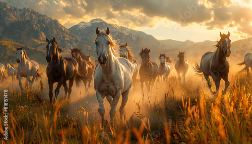 A cowboy leading a herd of wild horses close up, freedom, dynamic, manipulation, mountain range photo