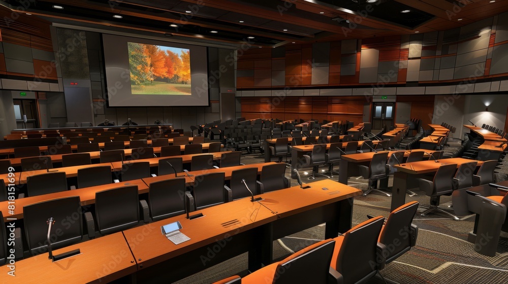A professional conference room featuring rows of chairs neatly arranged facing a large projection screen, ready for presentations and meetings. A professional conference room featuring rows of chairs neatly arranged facing a large projection screen, ready for presentations and meetings.