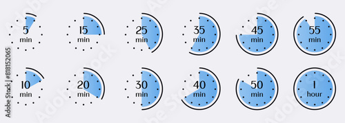 Visual representation of time intervals from 5 minutes to 1 hour. Timer, clock, stopwatch isolated set icons
