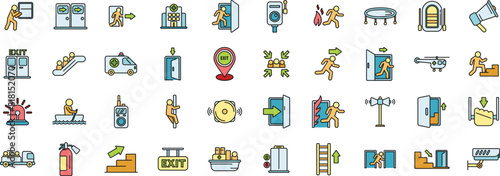Human evacuation icons set outline vector. Emergency exit. Escape door thin line color flat on white