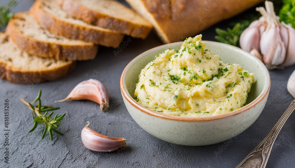 Homemade garlic herb butter in bowl, fresh garlic and slices of loaf bread on table. Tasty snack. Homemade garlic herb butter in bowl, fresh garlic and slices of loaf bread on table. Tasty snack.