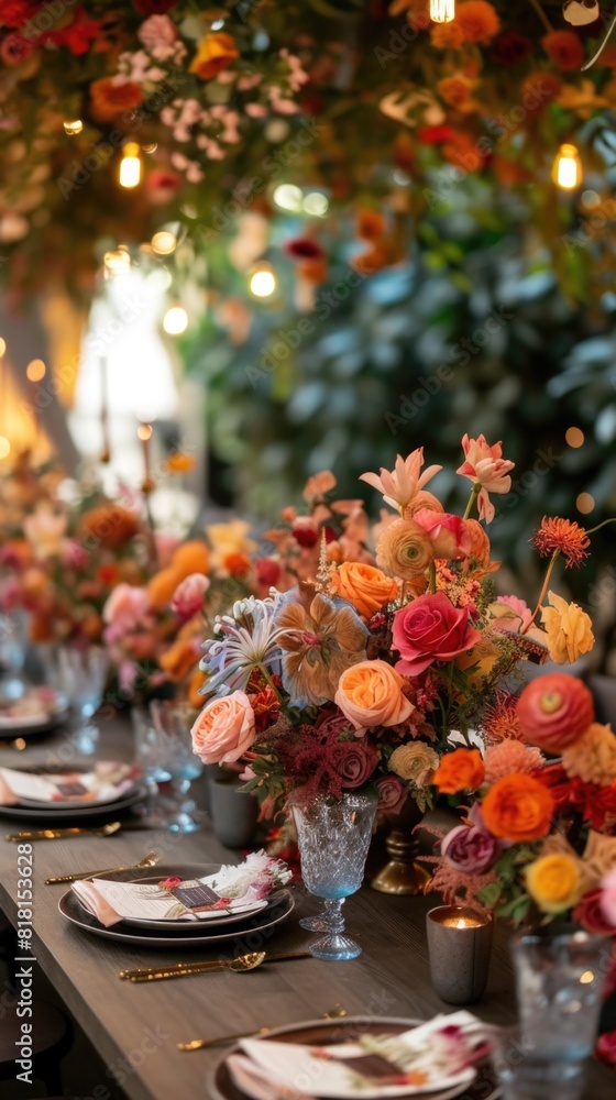 Fototapeta premium Many flowers on the table with candles and plates