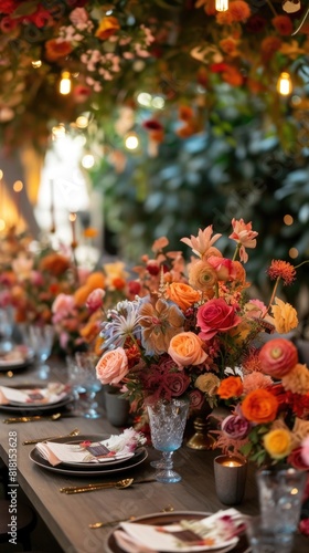 Many flowers on the table with candles and plates © Roman